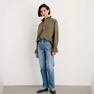 ALEX MILL Easy Ruffle Shirt in Paper Poplin, Olive, Sz. M